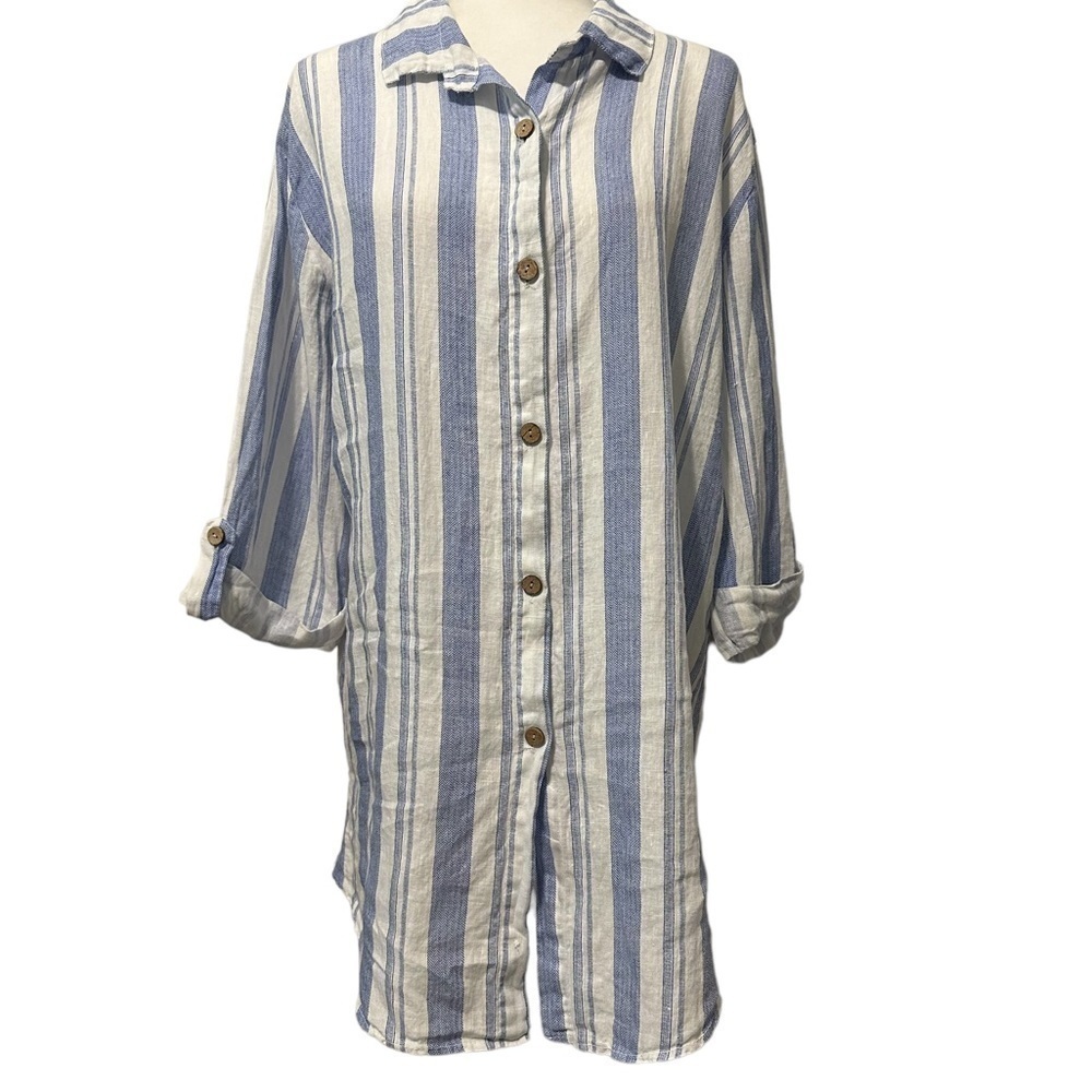 Viola‎ Borghi 100% Linen Striped Blue White Medium Tunic Dress Classic Nautical
